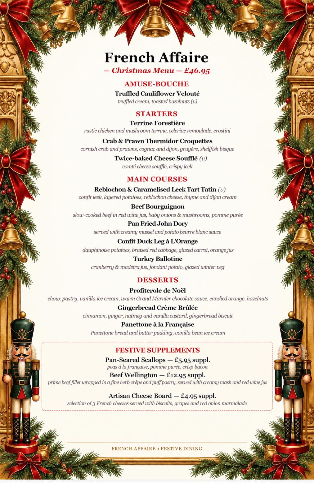 The French Affaire Christmas menu, framed with festive greenery and gold bells