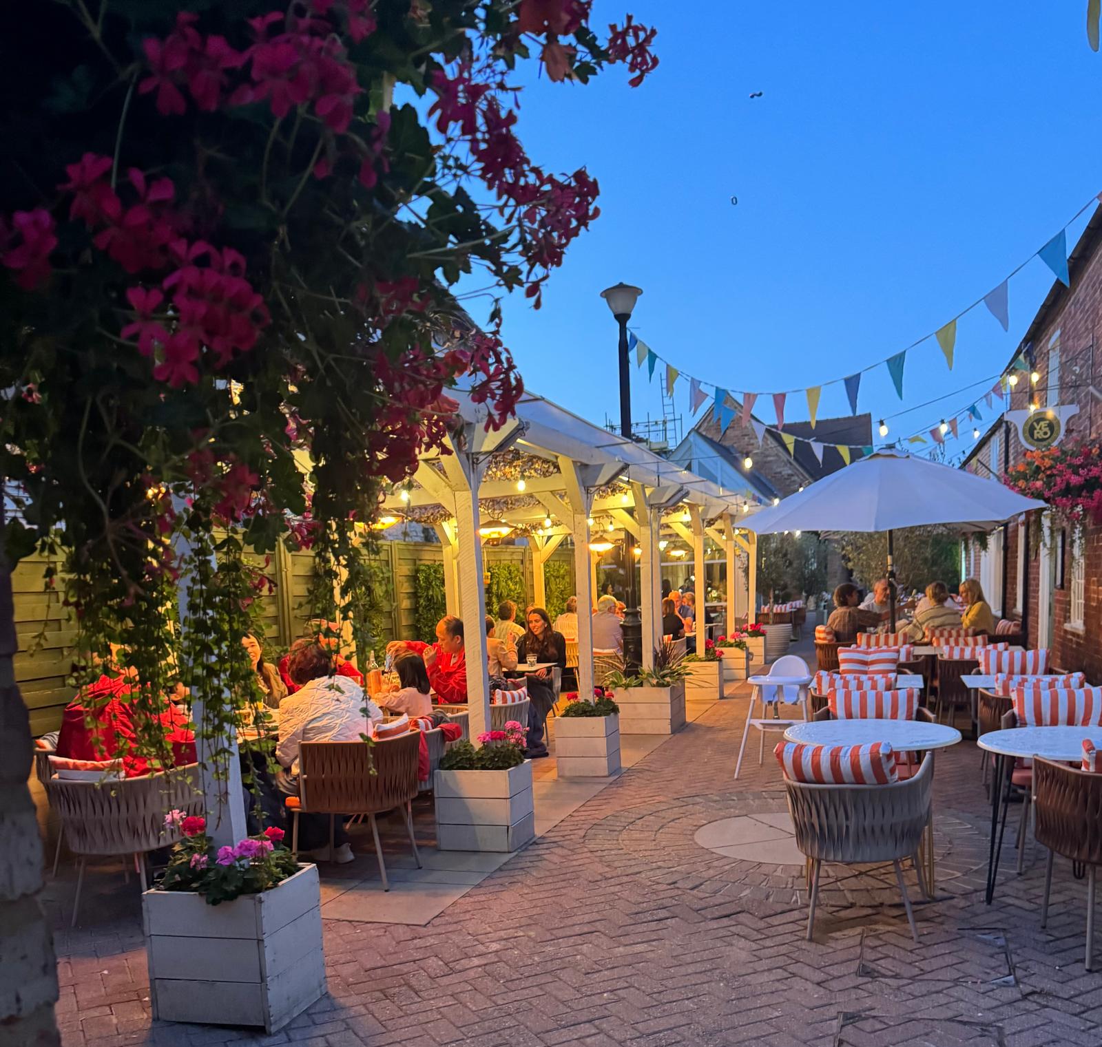 Sunny outdoor terrace with awning